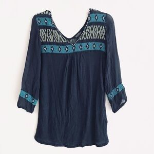 Lucky Brand | Aztec Print Pullover Top Womens Small Blue V-neck Sheer Size S
